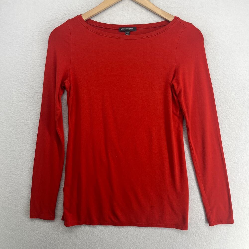 EILEEN FISHER Top PP Petite Rayon Stretch Jersey Boat Neck Long Sleeve Red USA